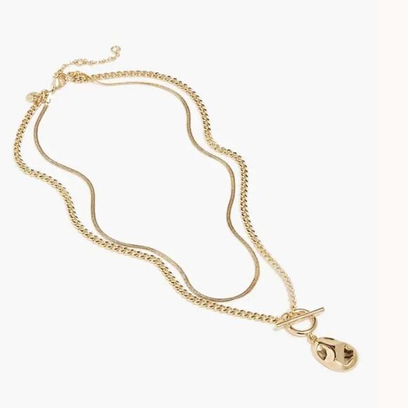 NEW J. Crew Hammered Gold T-Bar Pendant Necklace Double Strand Two Piece - Picture 1 of 8